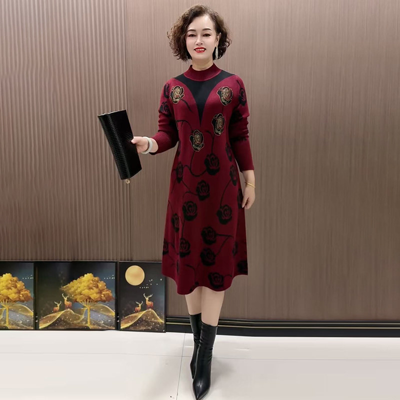 高品质!气质妈妈玫瑰花针织长裙