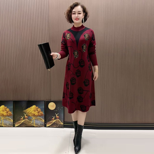 阔太太复古民族风针织连衣裙2025秋冬新款宽松大码玫瑰花打底裙子
