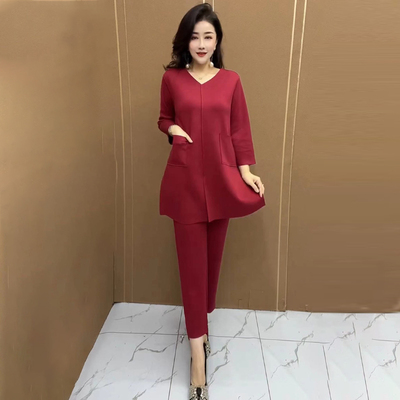 气质时尚妈妈纯色套装大码两件套