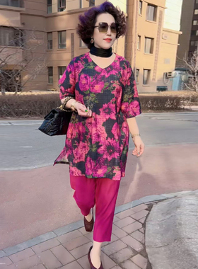 时尚印花大码套装中年女士夏装洋气宽松显瘦中长款上衣裤子两件套
