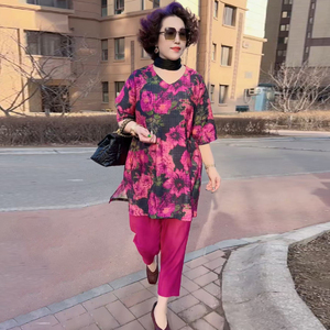 时尚印花大码套装中年女士夏装洋气宽松显瘦中长款上衣裤子两件套