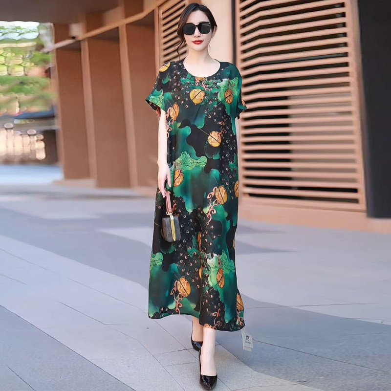高级感真丝连衣裙2025夏季新款宽松大码香云纱中长款过膝印花裙子