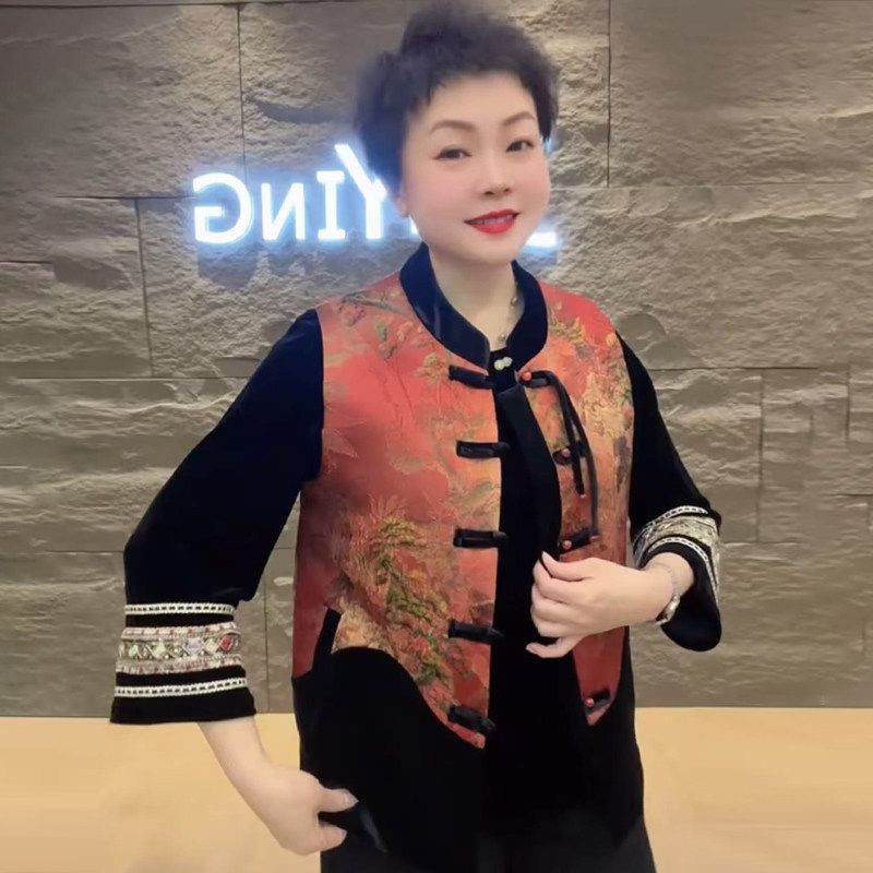 新中式国风妈妈装丝绒马甲两件套春秋新款上衣复古盘扣坎肩套装,女装/女士精品,时尚套装,淘宝优惠券,粉丝福利购,淘宝优惠卷