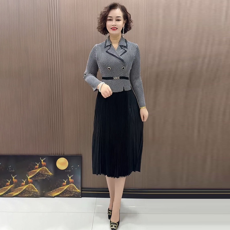 气质妈妈假两件千鸟格百褶连衣裙