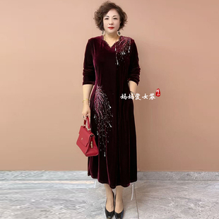 高端气质妈妈秋冬连衣裙丝绒镶钻裙子显瘦遮肉贵夫人打底时尚长裙