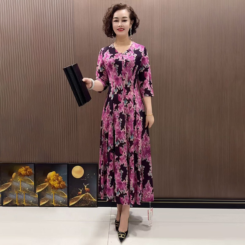 气质妈妈冰丝棉大码花色连衣裙
