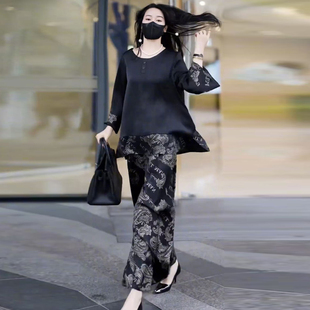 欧货高端夏季中老年妈妈真丝套装时尚加肥大码阔腿裤气质两件套女