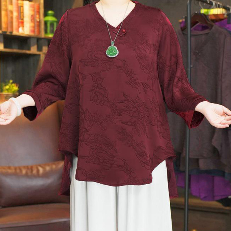 气质时尚薄款衬衣中老年女装春夏提花宽松圆领斜襟新中式文艺上衣