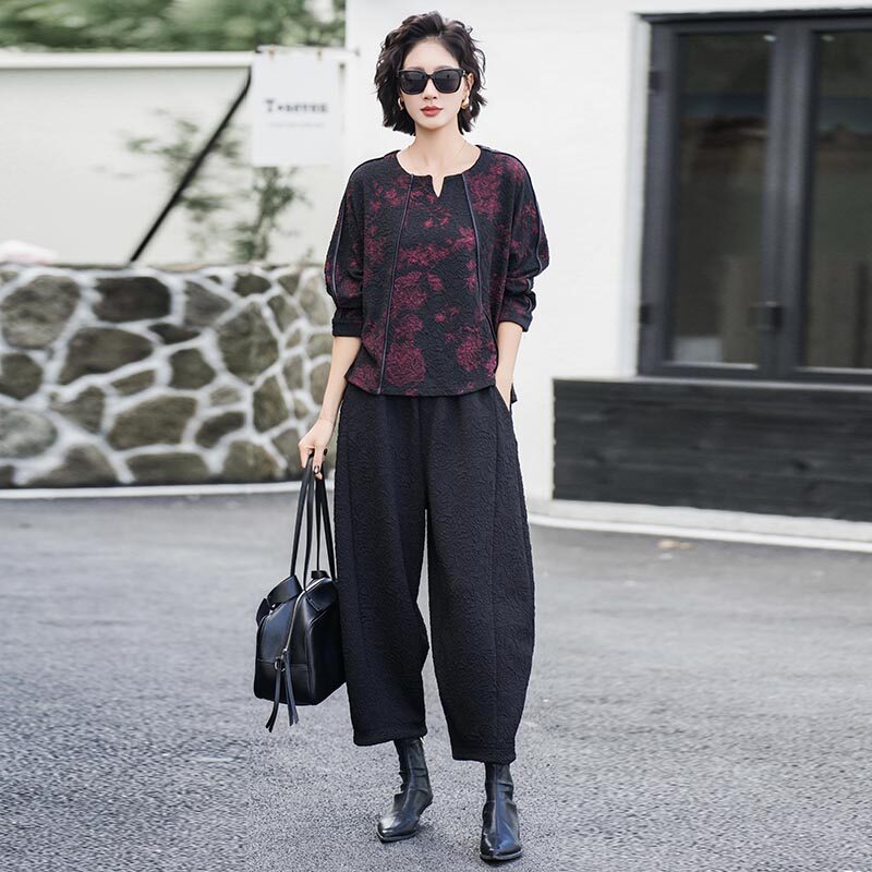 高端大码复古提花棉宽松遮肚上衣灯笼裤显瘦洋气减龄气质两件套装,女装/女士精品,时尚套装,淘宝优惠券,粉丝福利购,淘宝优惠卷