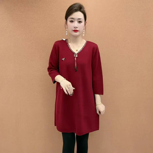 弹力中长款 秋冬高端时尚 宽松妈妈装 衫 打底毛衣裙 洋气V领针织大版
