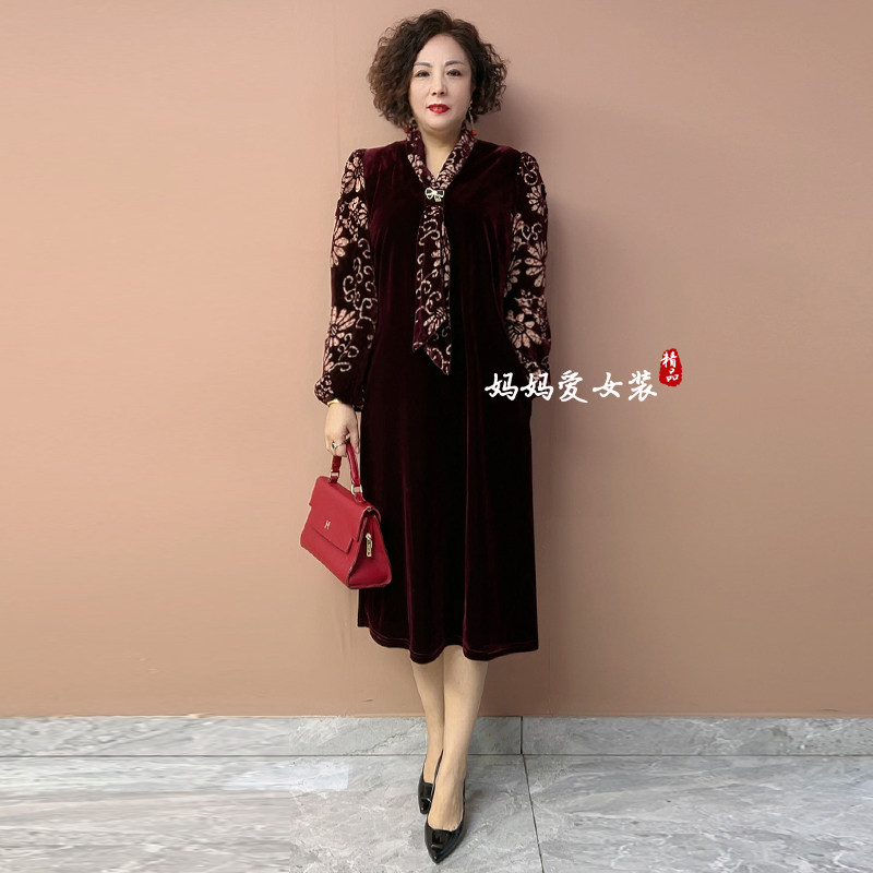 胖妈妈真丝绒拼接袖连衣裙长裙子