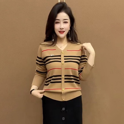 休闲大码条纹开衫上衣减龄妈妈衫