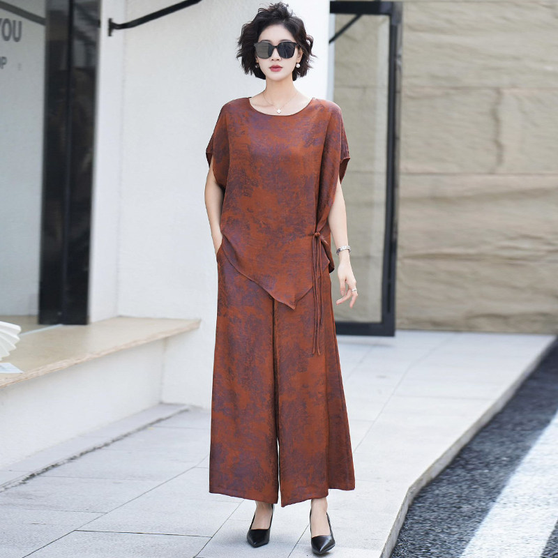 复古大码醋酸蝙蝠袖不规则上衣宽松阔腿裤夏季遮肉显瘦两件套装女