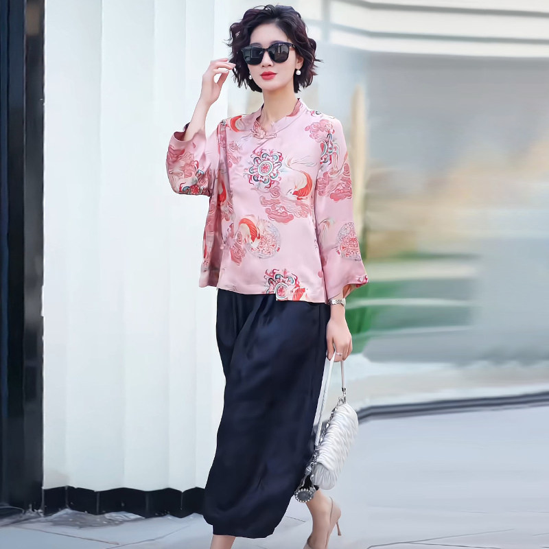 高级感新中式国风盘扣人丝香云纱大码上衣宽松阔腿花苞裤两件套装