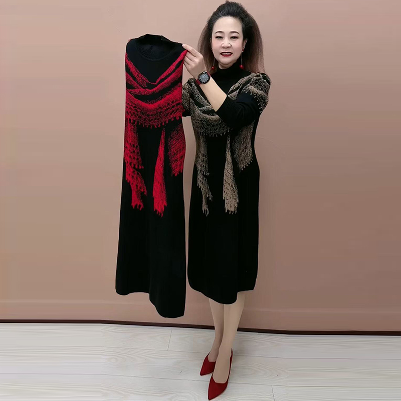 阔太太针织连衣裙过膝打底长裙子