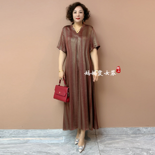 真丝裙子 200斤国风中老年女装 高端气质妈妈短袖 连衣裙加肥加大码