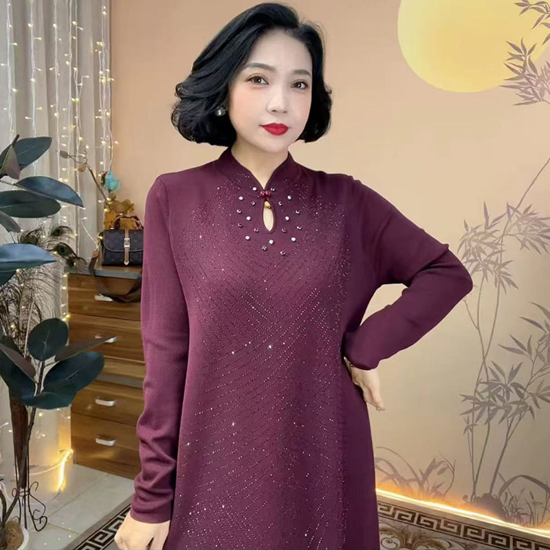 秋冬旗袍改良连衣裙羊毛针织保暖妈妈百搭显瘦中长款配大衣长裙子