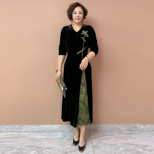 2025秋季新款端庄大气新中式长裙子中年妈妈假两件大码丝绒连衣裙