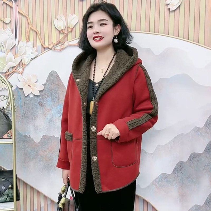 冬季加绒加厚保暖外套女妈妈棉服