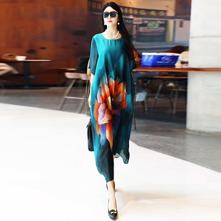 夏季大码复古高级感天丝印花连衣裙宽松遮肉显瘦飘逸气质减龄长裙