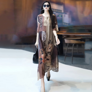 夏季 民族风印花天丝连衣裙贵夫人高端品质复古气质不规则长裙 大码