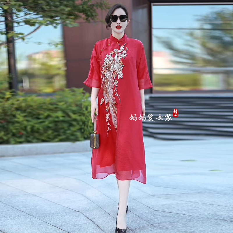 夏季新款改良旗袍连衣裙新中式复古国潮风重工绣花妈妈减龄长裙子