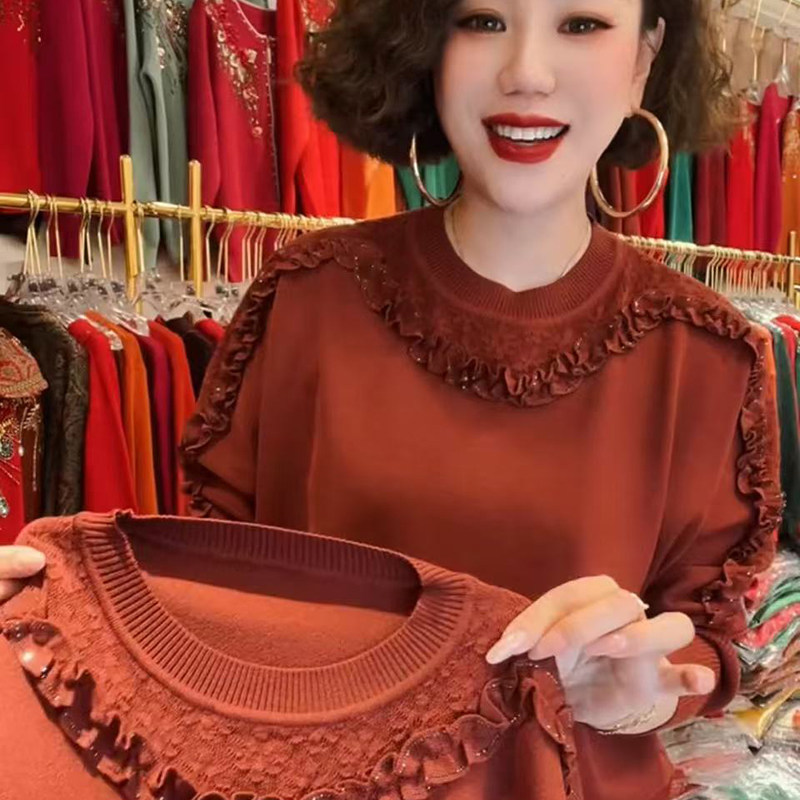 2026春季新款休闲立体蕾丝木耳花边蝙蝠针织衫女长袖毛衣打底衫