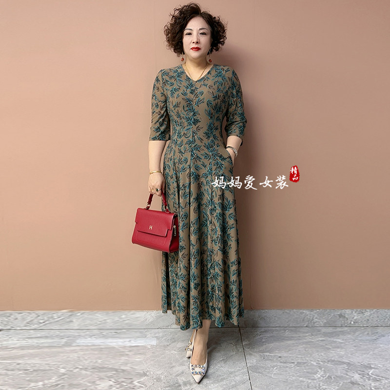 气质优雅妈妈花色冰麻高弹长裙子