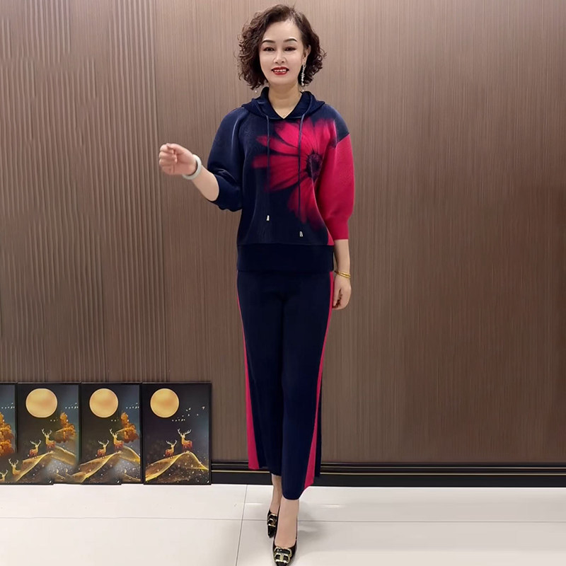 休闲中年妈妈褶皱上衣裤子两件套