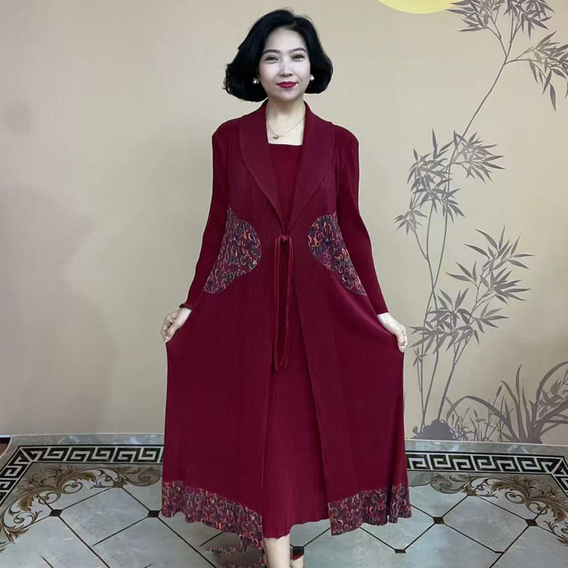 气质妈妈假两件连衣裙复古长裙子