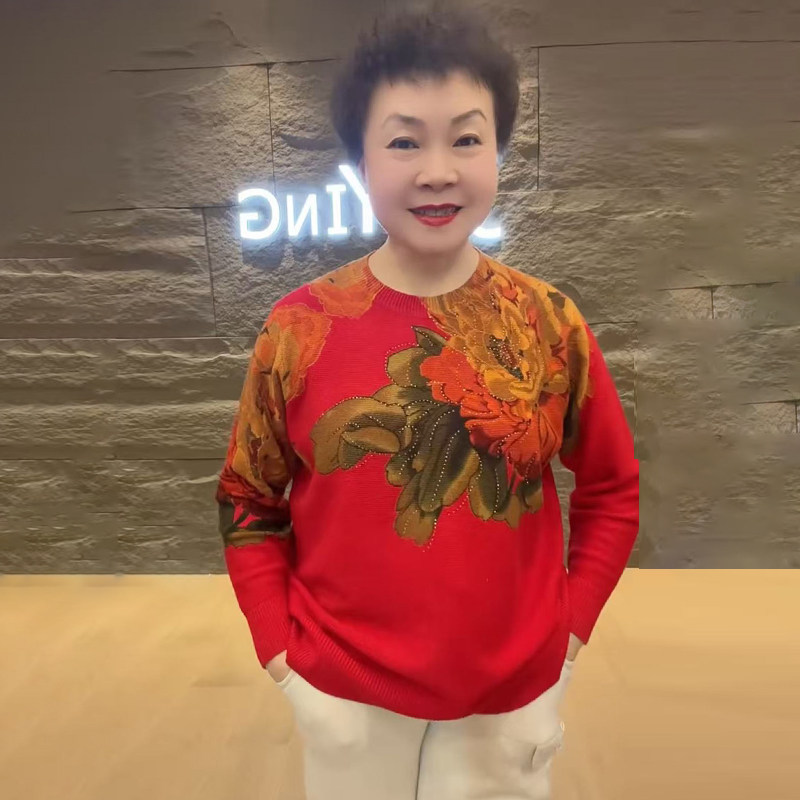 高品质!中年妈妈牡丹花针织上衣