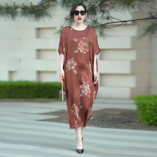 新中式印花短袖连衣裙2025夏季高端气质国风宽松大码减龄长裙子