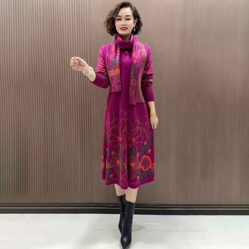 民族风妈妈针织裙宽松大码长裙子