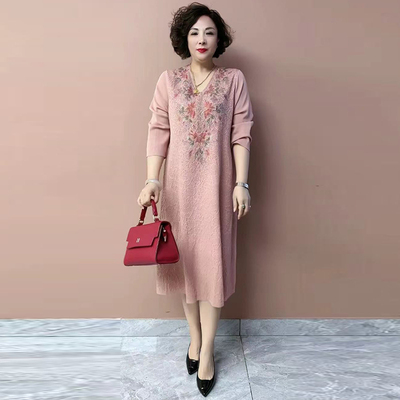 冰麻针织烫钻连衣裙妈妈减龄长裙