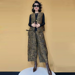 欧货2025春季新款洋气不对称提花新中式马甲百搭高腰阔腿裤套装女