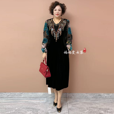 高品质！气质妈妈丝绒镶钻连衣裙