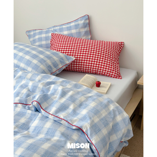 弥生mison【云栖蓝调】日式蓝色格子全棉双层纱四件套纯棉床单
