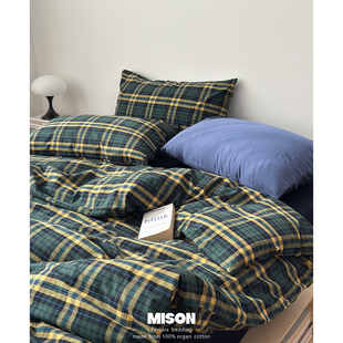 ins复古苏格兰绿格水洗棉全棉四件套北欧简约纯棉床单床笠款4件套