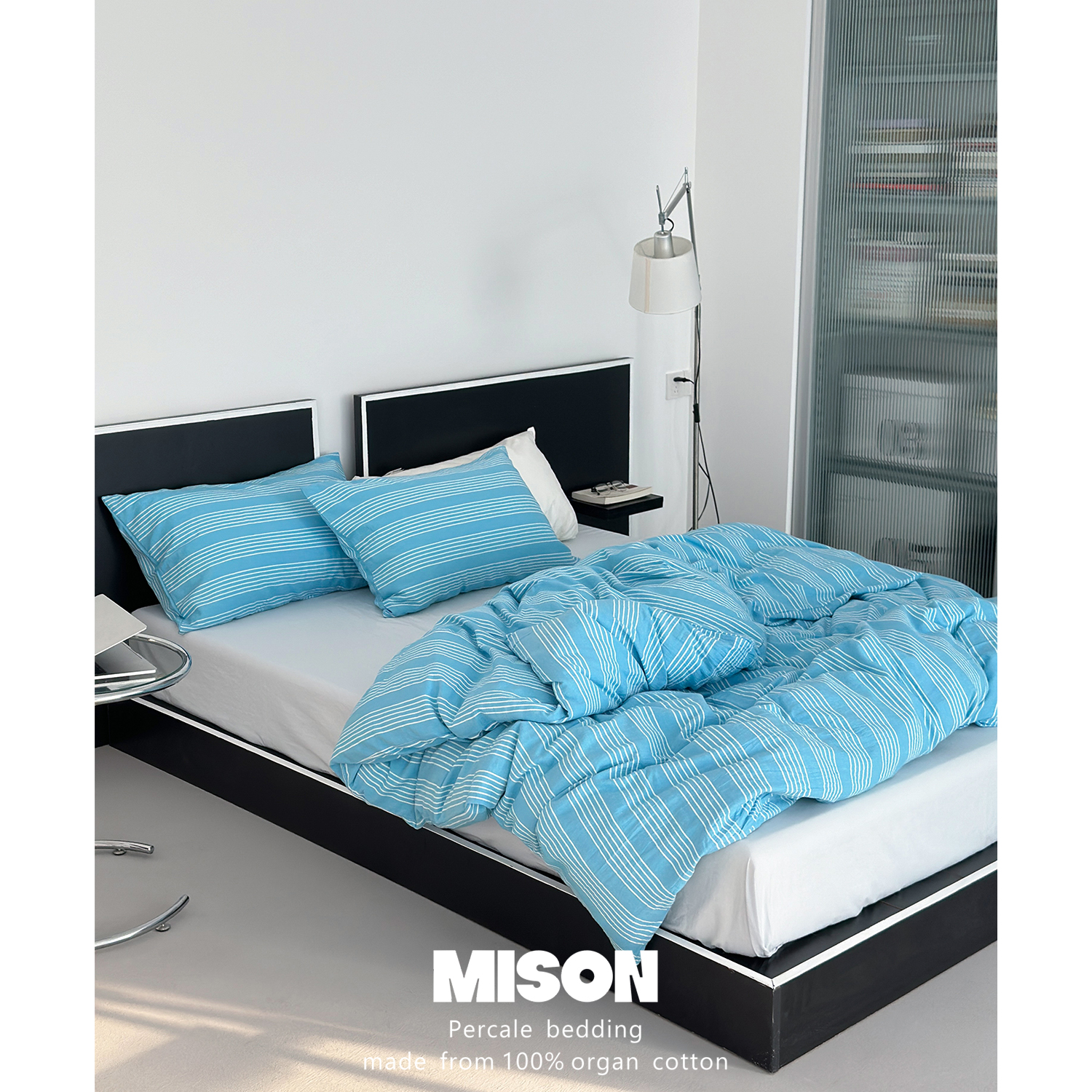 弥生北欧海湾蓝白条纹水洗棉四件套全棉纯棉床单床笠4件套ins简约