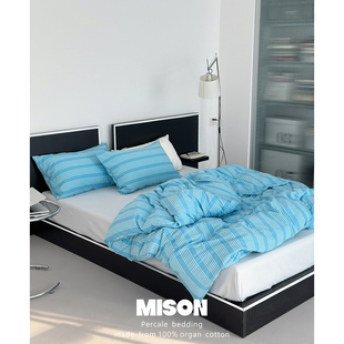 弥生北欧海湾蓝白条纹水洗棉四件套全棉纯棉床单床笠4件套ins简约