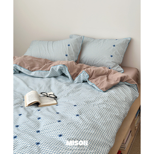 蓝格子小花刺绣秋冬全棉磨毛四件套 简约加厚纯棉床单床笠款4件套