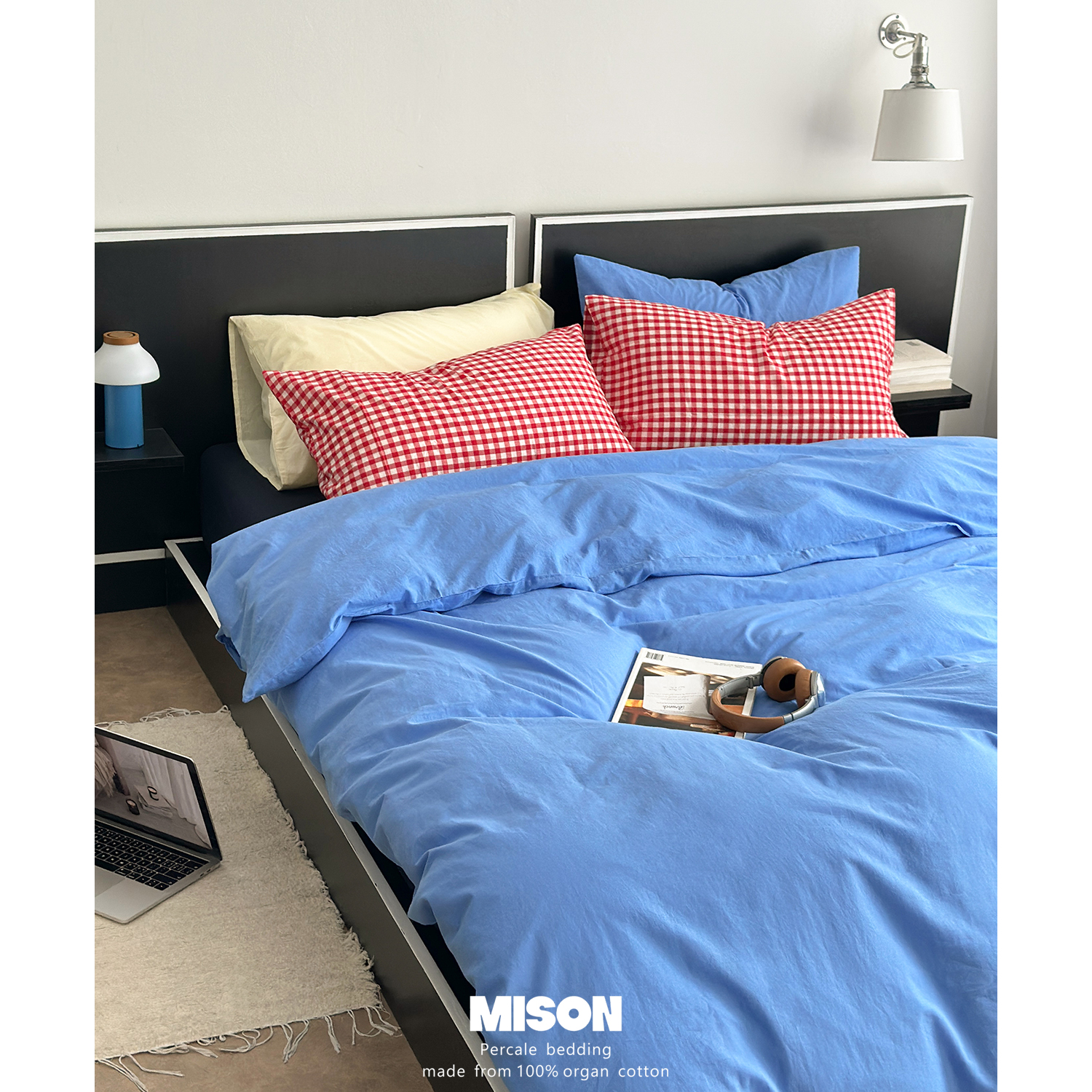 mison【半糖主义】博主混搭色织100纯棉水洗棉蓝色格子撞色四件套