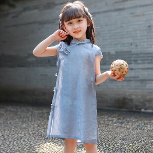 女童浅蓝旗袍凉快夏季轻薄天丝民国风古汉服中式显白洋气公主裙子