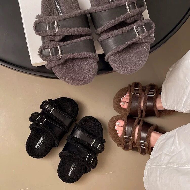 秋冬外穿女羊羔毛厚底一字拖