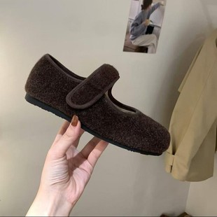 平底加绒魔术贴毛毛鞋女鞋子2025秋冬季配裙子玛丽珍单鞋保暖圆头