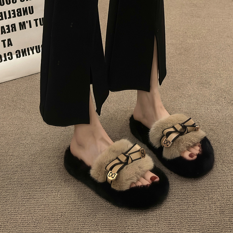 网红黑色欧货毛毛拖鞋女外穿批发秋冬季新款高级感厚