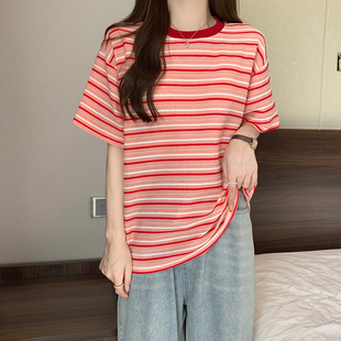 高级品质通勤款条纹短袖t恤女夏季2026减龄显白红色宽松圆领上衣