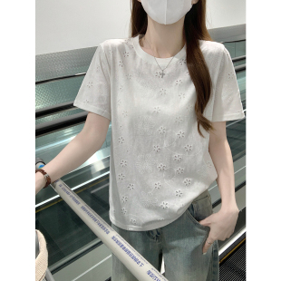 轻薄简约短袖t恤女装夏潮新款正肩韩系设计白色性感镂空圆领上衣