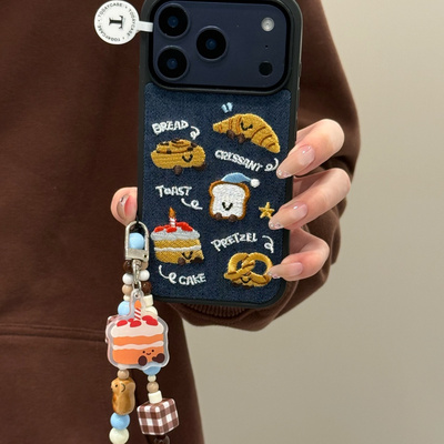 牛仔蓝刺绣面包手机壳