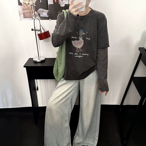 韩系小众秋季棉质拼接长袖T恤女